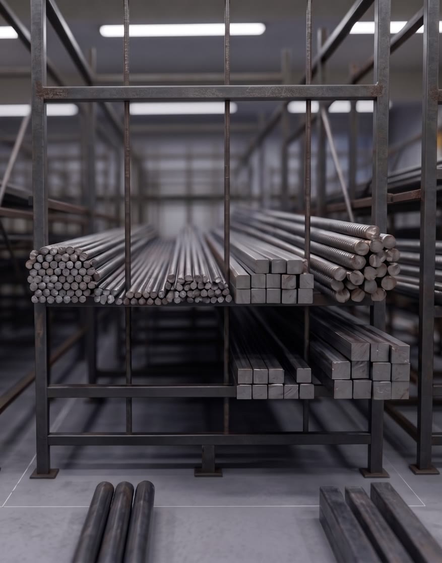 Racks of round and square steel bars